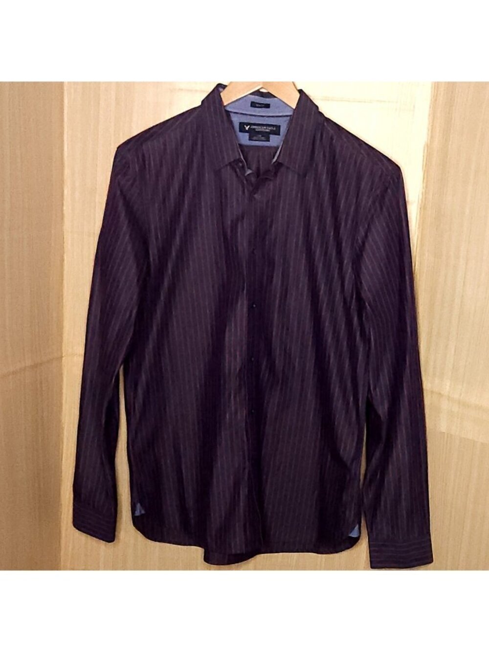 American Eagle Mens Navy Blue Red Pinstripe Long Sleeve Button Down Large